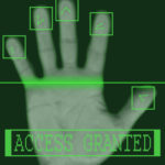 Biometric palm scanning screen with access granted text
