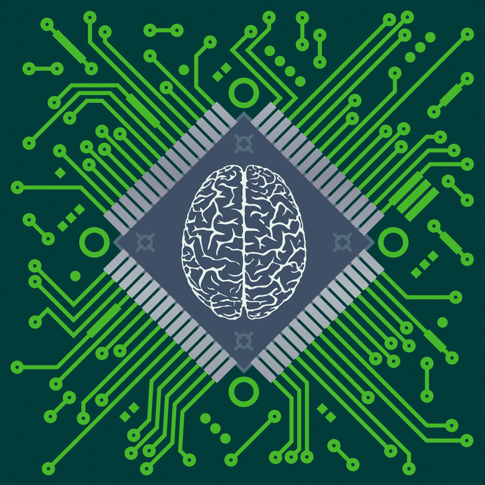 Computer microprocessor with brain symbol.