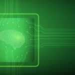 Abstract digital and technology background. The geometric of an Artificial Intelligence with the green circuit design on microchip.
