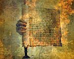 Hand holding a burning scroll. Photo based illustration.