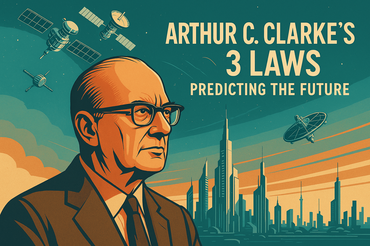 Arthur C. Clarke looking at a futuristic skyline with satellites, symbolizing his 3 laws of prediction and visionary outlook.