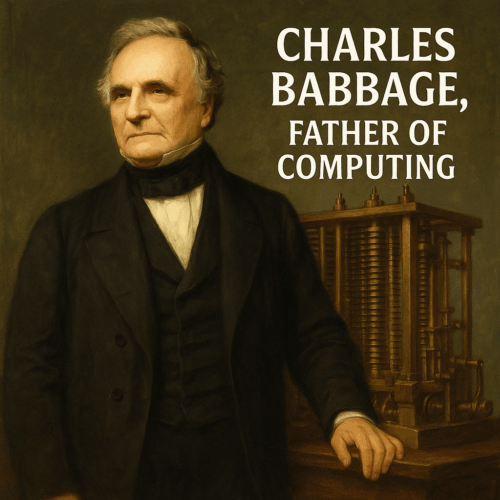 Portrait of Charles Babbage, Father of Computing, standing beside his Analytical Engine, the first mechanical computer.