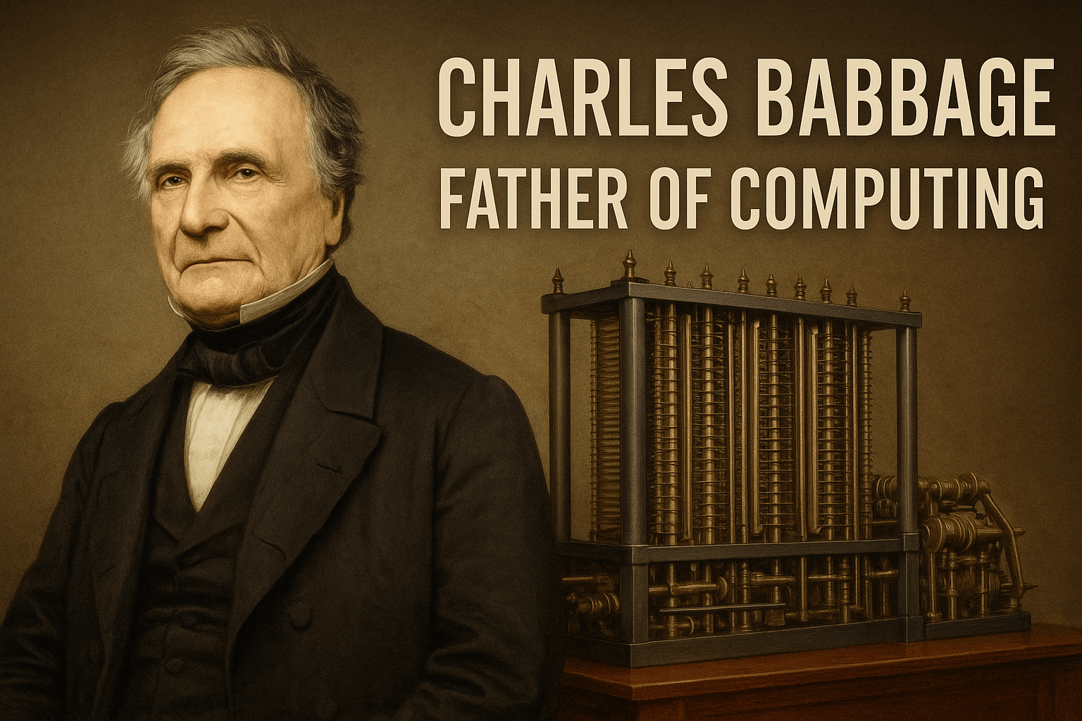 Portrait of Charles Babbage, Father of Computing, standing beside his Analytical Engine, the first mechanical computer.