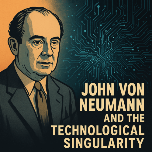 Illustrated portrait of John von Neumann with circuit board background and title text “John von Neumann and the Technological Singularity.”