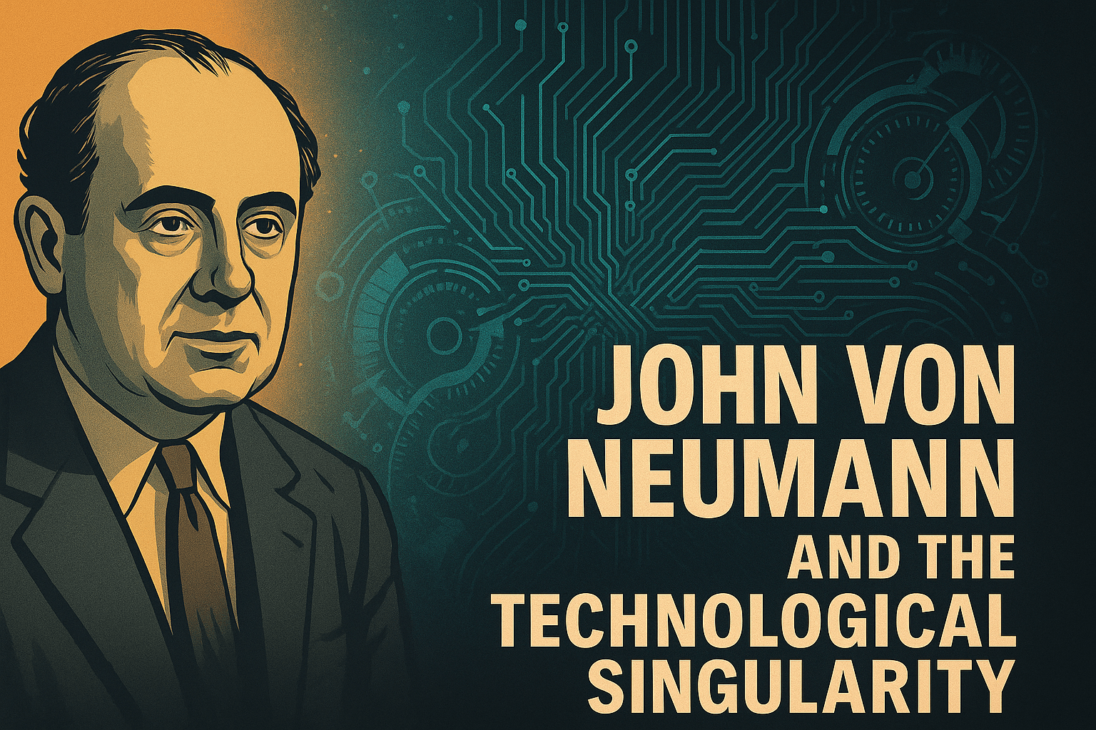 Illustrated portrait of John von Neumann with circuit board background and title text “John von Neumann and the Technological Singularity.”