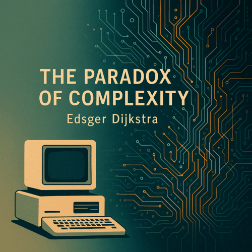 Abstract digital maze of circuits and algorithms representing Edsger Dijkstra's paradox of complexity in computing and AI.