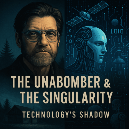Ted Kaczynski portrait juxtaposed against futuristic AI and nature imagery, symbolizing his warnings about technology and the Singularity