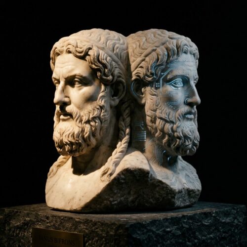 A two-faced Janus marble bust on a museum plinth, one face classical stone, the other etched with faint glowing circuit traces, illustrating the dual nature of AI as cure or poison.