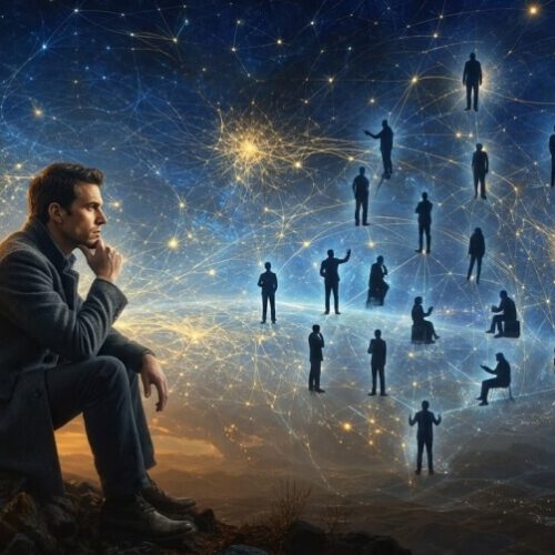 Contemplative figure overlooking a luminous network of human silhouettes, illustrating AI and human agency