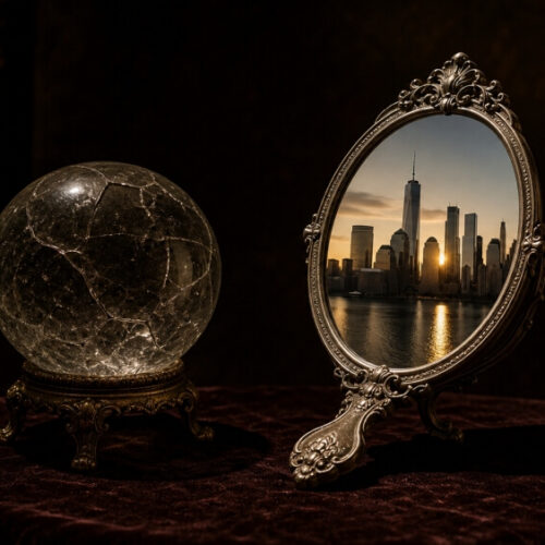 A cracked vintage crystal ball beside a polished antique mirror reflecting a modern city skyline at golden hour, illustrating why a futurist keynote speaker should reflect reality rather than predict the future.