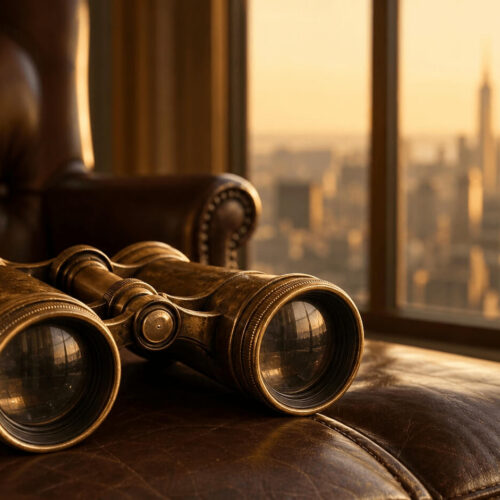 Vintage brass binoculars resting on an empty executive leather chair facing a city skyline at golden hour, symbolizing leadership absent from thinking about the future.