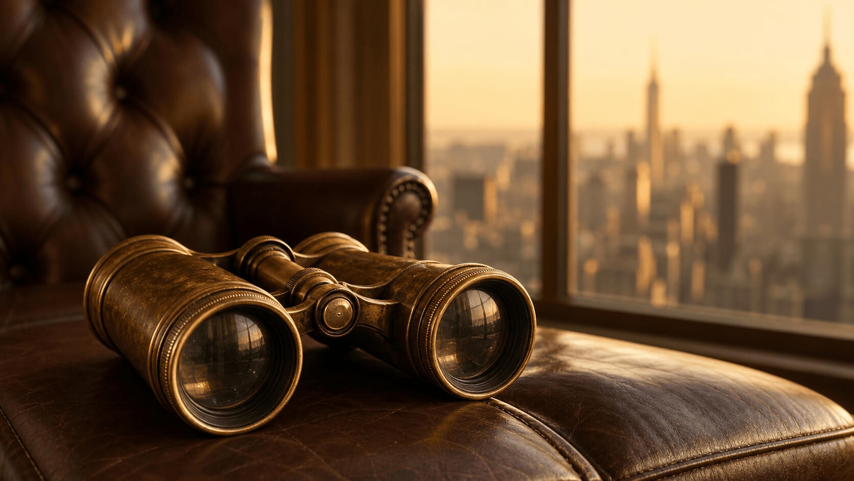 Vintage brass binoculars resting on an empty executive leather chair facing a city skyline at golden hour, symbolizing leadership absent from thinking about the future.