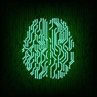 Artificial intelligence concept. Circuit board brain logo icon on the digital high tech style vector background.