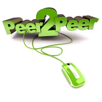 Red and white 3D illustration of the word peer2peer connected to a computer mouse