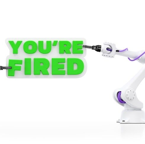 You're Fired. 3d rendering graphic composition on the subject of "Technological Displacement Of Jobs / Robotization".