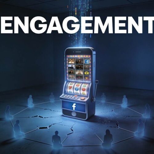 A smartphone depicted as a slot machine surrounded by abstract human figures, illustrating how social media engagement is designed to capture attention rather than facilitate real social interaction.