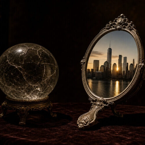A cracked vintage crystal ball beside a polished antique mirror reflecting a modern city skyline at golden hour, illustrating why a futurist keynote speaker should reflect reality rather than predict the future.