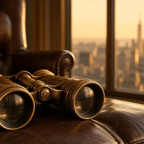 Vintage brass binoculars resting on an empty executive leather chair facing a city skyline at golden hour, symbolizing leadership absent from thinking about the future.