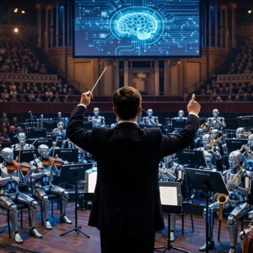 A human conductor leads an orchestra of AI robots, symbolizing the human skills that will matter in the age of artificial intelligence.