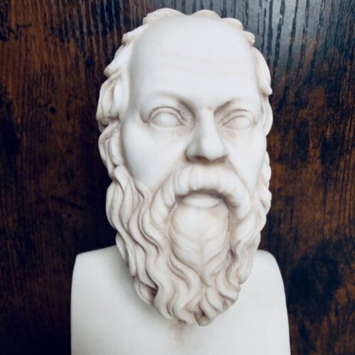 Bust of Socrates with unseeing eyes, symbolizing ignorance, humility, and the limits of human knowledge.